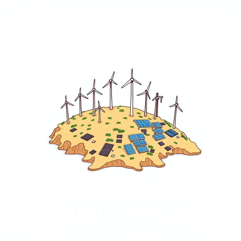 I draw Sardinia, showcasing it as it is overwhelmed by huge wind turbines and solar panels. The style is a minimalist colored drawing, text "Sardinia says no."