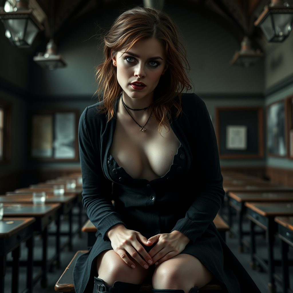 emma watson as hermione granger in goth clothes, tousled brown hair, seductive, braces, slightly open mouth, leaning forward, smudged pale makeup, sideboob, leather boots, unbuttoned black school uniform, bruised skin, flat chest, cleavage, sitting on desk cross-legged, full body shot, erotic, teasing, dark and moody, realistic skin details, drunk, abandoned hogwarts classroom in background, photorealistic, ultra high resolution, 16K, viewed from below