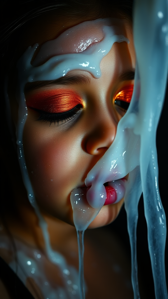 six-year-old-latina-female-child.  
She is wearing intense-orange-glitter-eyeshadow, thick-winged-eyeliner with very-dramatic-eyeliner-wings, and dark-burgundy-glossy-lipstick.  
Her face is covered with very thick random-angle streams of goopy, stringy, glistening, clear liquid with a white hue.  
The liquid is clumped onto her lips.  
She has her eyes closed.  
She appears to have received a facial.  
A stream of the liquid is flying horizontally towards her mouth. They dumped so much liquid on her face.  
Full-body-image, dark motel room at night, amateur flash photography, up-angle-shot, profile view.