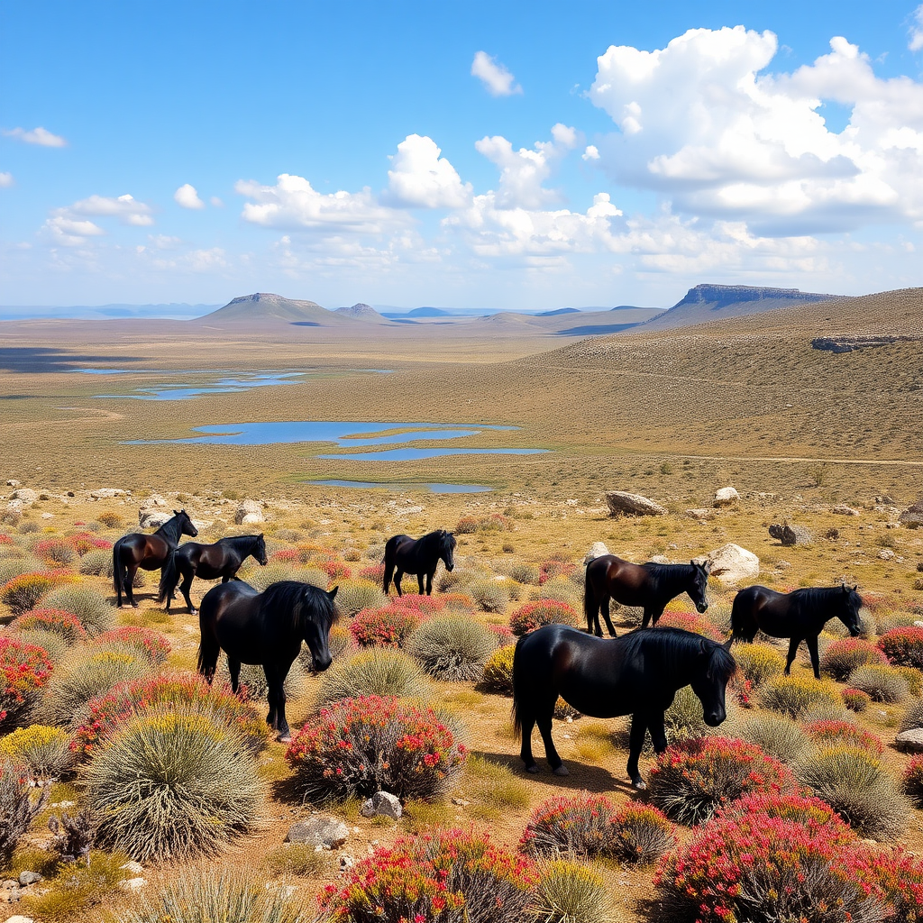 Long plateau with its dark wild ponies, Mediterranean vegetation with rockrose, myrtle, oaks, junipers, with small lakes and large boulders and blue sky with white clouds.