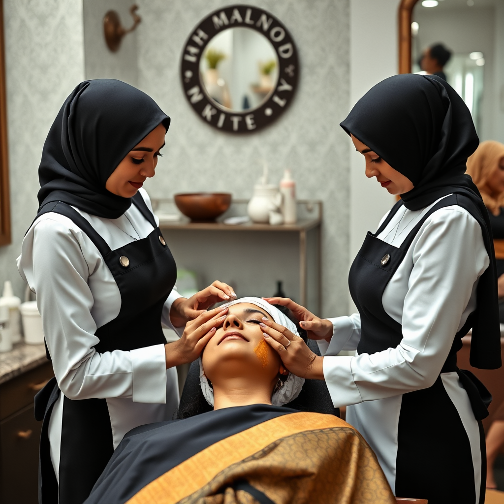 2 slim French maids with hijab, working in a beauty parlour, giving a turmeric facial to a wealthy Indian wife.