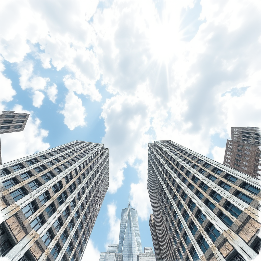 Draw it as if it were a real photograph, with tall buildings extending towards the center from below. The sky should be depicted with dramatic clouds and sunlight coming through.