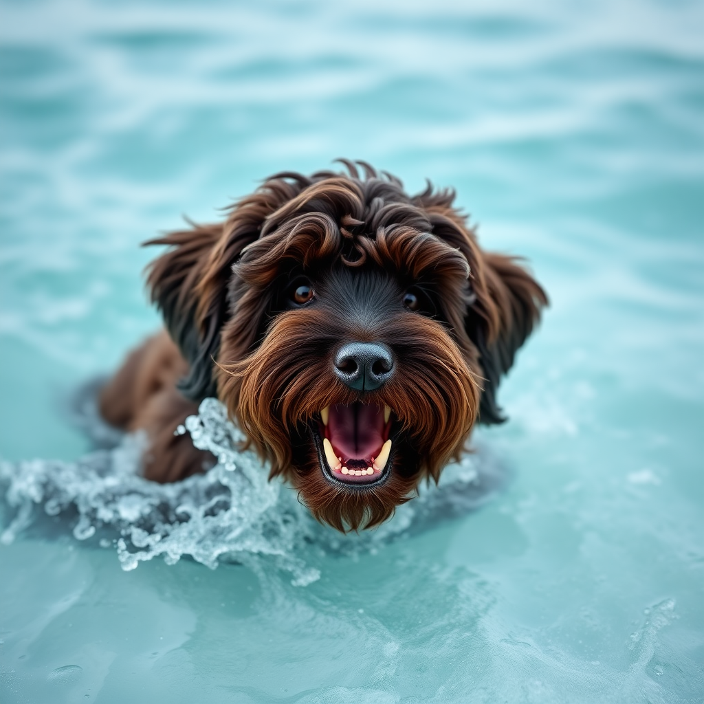 cute gigantic dark chocolate colored cockapoo coming out of the ocean, ultra realistic, ultra detailed, 50mm photo, showing his teeth