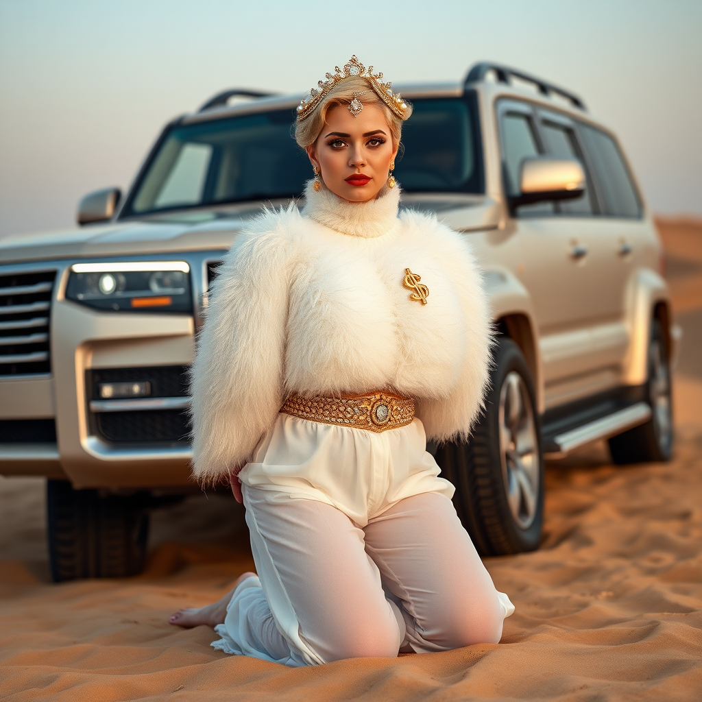 Kuwait desert dunes misty dawn, full size luxury SUV: Melissa, European 17 years old very convincing femboy “trophy-bimbo”, tamed servile docile, very beautiful feminine flawless face, rather short, by hormones very curvaceous womanly figured, platinum blond short tight curls, bold red lips, heavily made-up face, wearing Supertanya-style fluffy very fuzzy bright white angora turtleneck-poncho cropped ending under bust decorated with pearls and gemstones, striking oriental wide gold bridal protection belt, white fully transparent harem pants, full Oriental bridal jewelry with striking headpiece, full Oriental face-jewelry, striking diamond “$$$” letter brooch on left chest, pout frustrated, hands tied behind back, kneeling in sand in front of SUV, looking at camera. Focus on face and turtleneck-poncho.