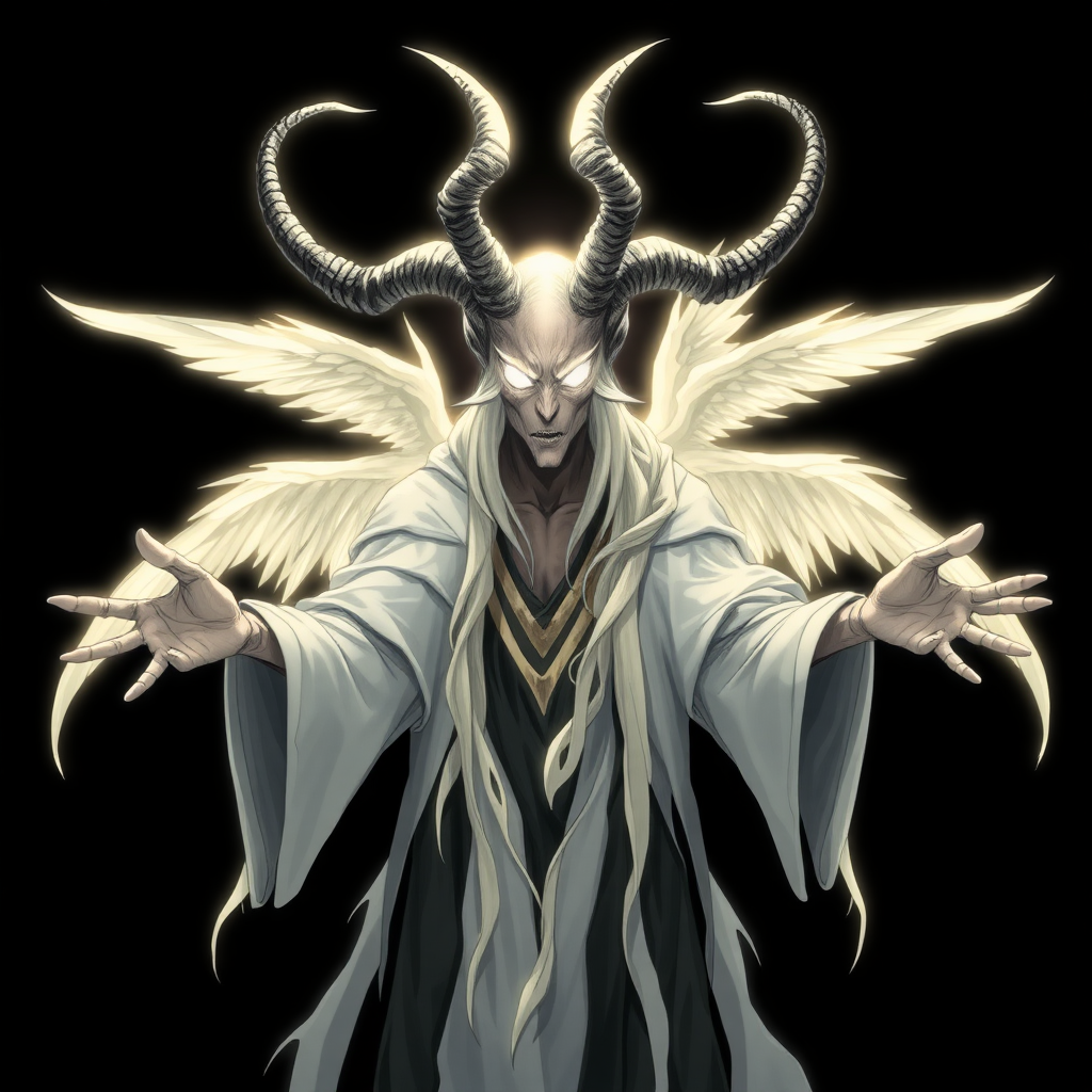 (Anime-styled art) Black background, a haunting presence known as Yaldabaoth, the Demiurge. His entire being radiates an eerie, ethereal light, with his face obscured by a brilliant, almost blinding white glow, leaving his true visage hidden in mystery. Four imposing horns crown his head, twisting outward in a grotesque, yet divine manner. His form is cloaked in tattered robes of white and black, flowing endlessly like shadows and light entwined. From his back, four angelic wings stretch out, delicate yet terrifying, their radiant feathers gleaming in the darkness. His outstretched hands, both inviting and menacing, seem to reach into the void, as if beckoning to some unseen force. This is Yaldabaoth, an embodiment of divine terror and otherworldly majesty.