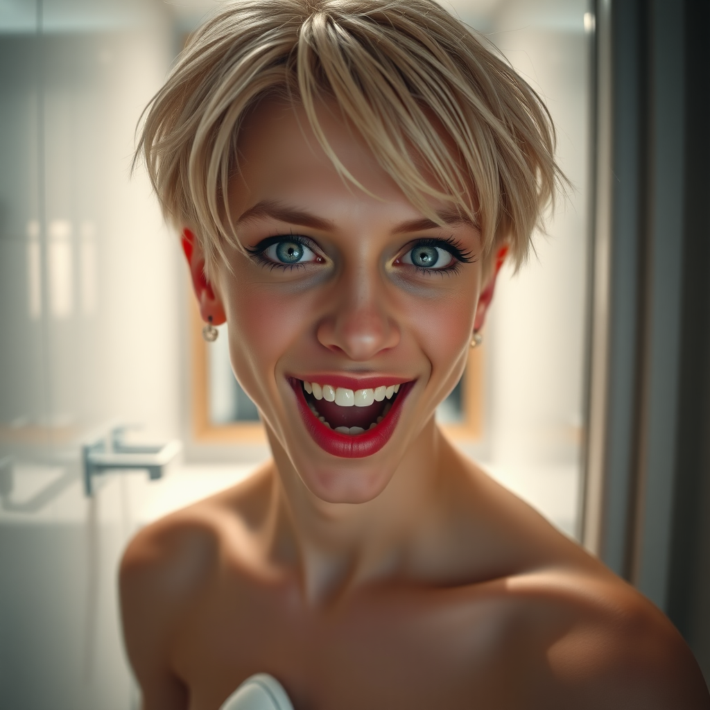 photorealistic, ultra high resolution, 16K, surreal fantasy, studio lighting, a pretty 16 year old goth boy, slim male physique, short blonde hair, goth makeup, earrings, pantyhose, white ballet shoes, in the bathroom, excited open mouth smile, facing the camera,