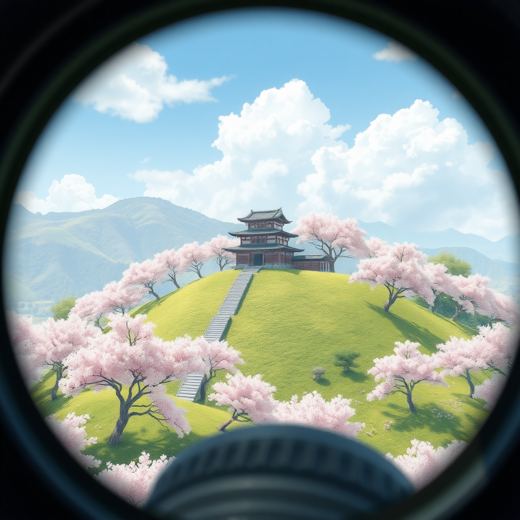 Best quality, game cg illustration, a very gentle hillside with a small temple on the top of the slope, covered with blooming cherry trees. head-up, super telephoto lens, the lens is facing the small temple.