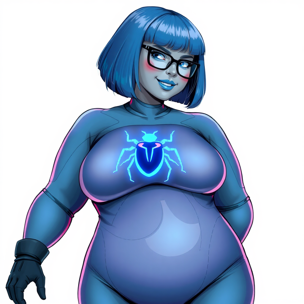 A 28-year-old, full-figured, middle gray metal skinned computer program-human hybrid with a maximum blue bob cut. She has an obvious non-athletic build. She is the digital sidekick, computer hacker, and nerdy girlfriend of her cyberpunk vigilante boyfriend. Her middle gray metallic skin, distinct from any other character, highlights her digital nature. She wears maximum blue lipstick and has bright blue eyes. Her outfit includes an oversized, loose fitting, digital, maximum blue bodysuit (accentuating her non-athletic figure) with a neon blue glowing chest icon of a beetle on its chest and black gloves. Black eyeglasses accentuate her nerdiness, and she has a lovestruck smile with neon red blush. Her non-athletic full figure consists of a prominent, gargantuan, round midsection (with the full emphasis on her round gargantuan belly), gigantic limbs, and broad shoulders, reflects the doting care of her vigilante boyfriend. She has a bashful pose with her hands behind her back on a solid white background. She is drawn as if she was in a retro 2D cyberpunk fighting game. Ensure her bodysuit covers all her bare skin (especially her prominent round gargantuan belly). Her oversized full bodysuit is influenced by Watchmen's Silk Spectre II. She is clearly non-athletic, with emphasis on her full-figured and pudgy physique.