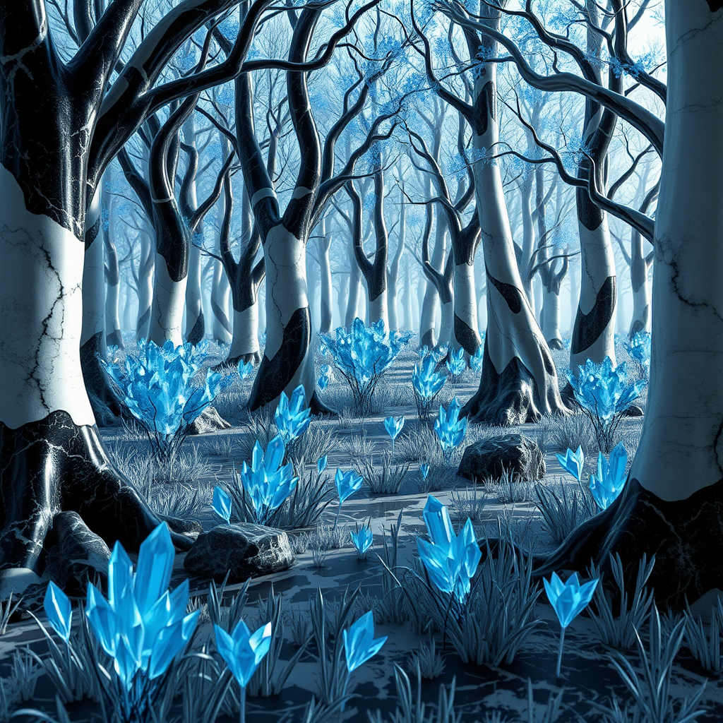 The forest appears like a surreal, otherworldly landscape. The trees stand tall with trunks and branches crafted from polished black and white marble, their surfaces swirling with intricate patterns. The leaves are formed from translucent blue crystals, shimmering as they catch the light, casting a faint blue glow onto the marble ground below.

Among the trees, marble shrubs with twisted, angular forms grow, their black and white veins creating striking contrasts. Scattered throughout the forest floor, delicate flowers made of blue crystal bloom, their sharp, gleaming petals radiating an almost ethereal beauty. The grass itself is crystalline, each blade resembling a glass-like spike rising from the marble earth.

In the quiet of the forest, the faint sound of clinking can be heard as the crystal leaves gently sway, brushing against each other in the soft breeze. The entire scene feels both frozen and alive, a mesmerizing yet eerie display of marble and crystal intertwined in a hauntingly beautiful, silent world.