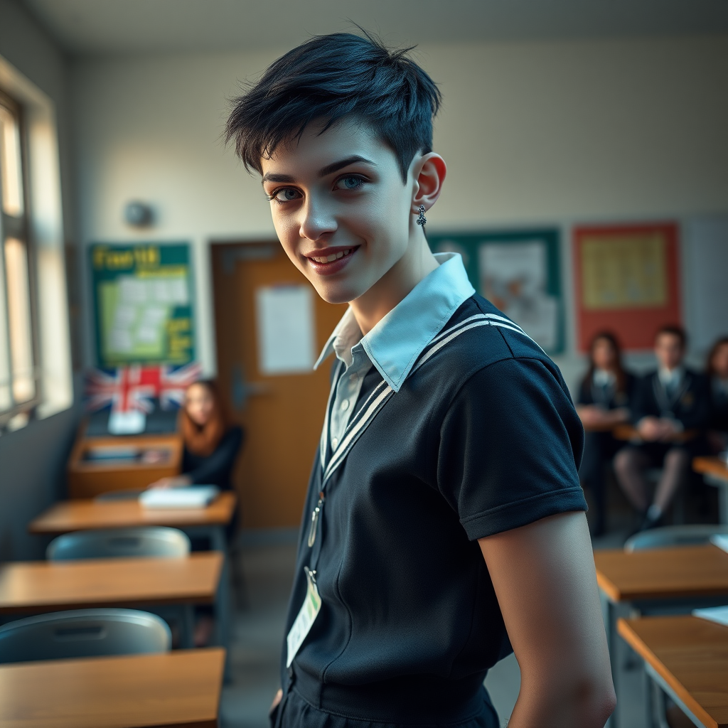 photorealistic, ultra high resolution, 16K, surreal fantasy, soft studio lighting, a pretty 17 year old goth male, slim male physique, short dark hair, blue eyes, goth makeup, earrings, sheer pantyhose, UK girls-school uniform, Mary-Jane shoes, standing in the classroom delivering a talk, excited smile, facing the camera.