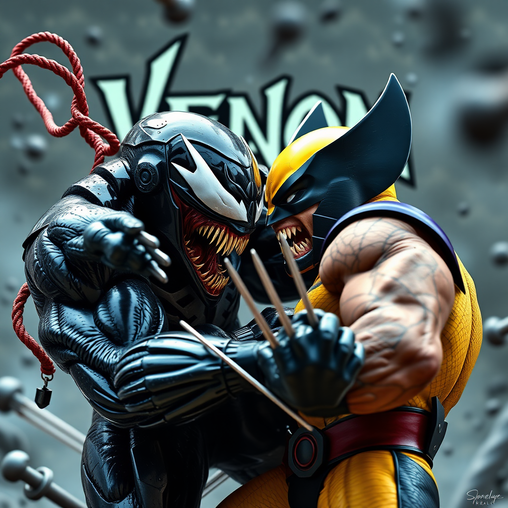 On a comic book cover is Venom Vs Wolverine in Cinematic Real3d photo-realistic quality.