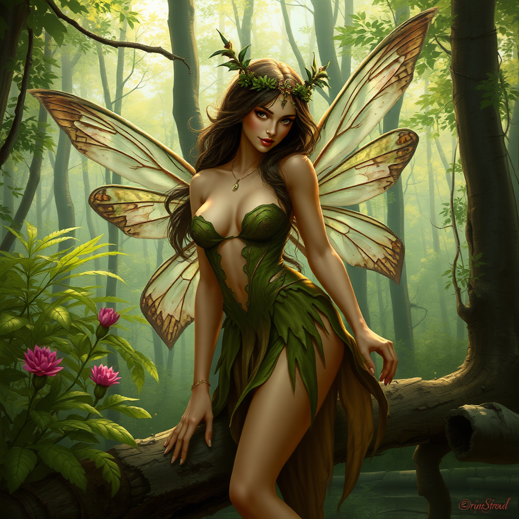 A classic forest scene with an attractive and seductive fairy. The scene is lush with the art styling of Brian Stroud.