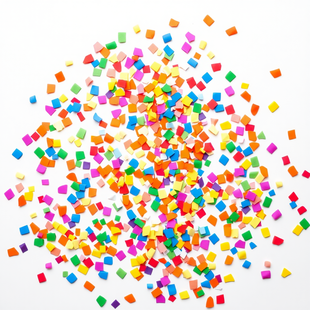 A high-resolution, colorful image of colorful confetti pieces evenly scattered across a plain white background, clean, professional look, stock photo