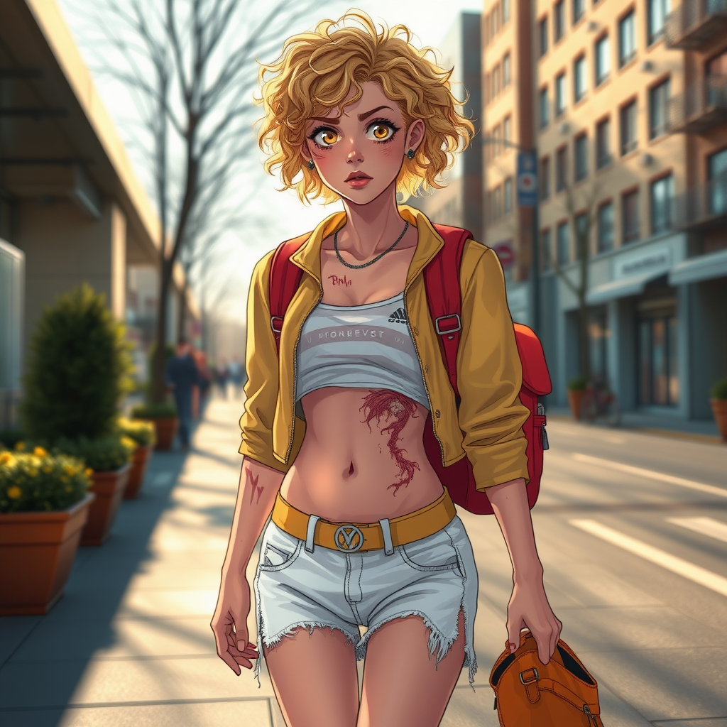 Ultra Realistic taken photo style image, Extremely good quality 8k resolution drawn manga image of a 15 year old petite and short tomboy girl with golden blonde curly hair with mixed and different colored eyes for each eye and moles on her entire body and is a white American girl, Has on a Gold Jacket over a white extremely short crop top only covering her breasts and nothing more with a design on it, and has on ripped shorts and cool looking sneakers and a deep and big wound on her stomach from a huge injury she had, with a bright color backpack, ear piercings on, walking on the street to school in the morning with the beautiful sunlight lighting up her body beautifully.