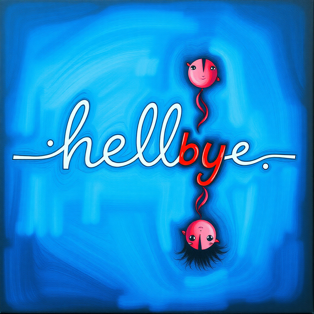 A fine art piece that reads "hello" when right side up and "byebye" when upside down.