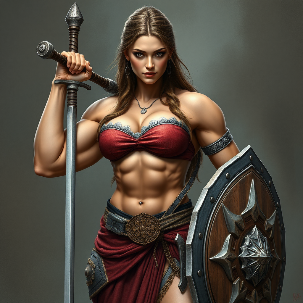 massive huge jacked muscular strong girl bodybuilder, strapless dress, warrior princess with sword and shield