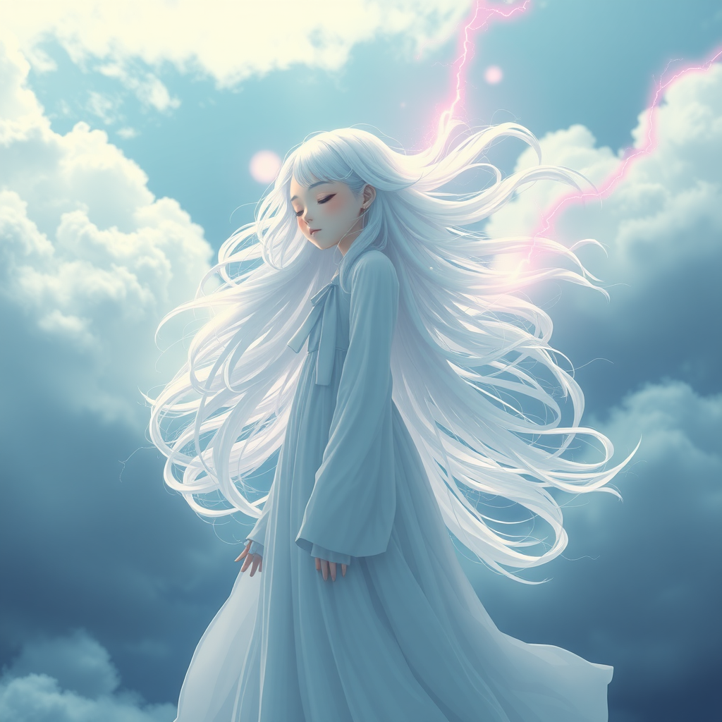 1 girl, solo, long hair, closed mouth, closed eyes, white hair, sky, clouds, white floating, floating hair, cloudy sky, long dress, electricity, pink lightning, 3D movie quality, real photo, rich in detail, ultra high resolution, 32K UHD, sharp focus, best quality, masterpiece, superb detail, delicate balance, with exquisite textures, concept art, mid-air, eyeshadow, makeup,