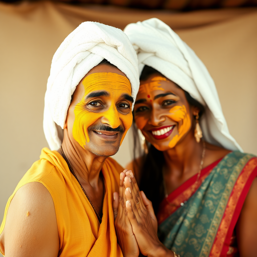 slim, 30 year old, traditional, indian wife, towel head, turmeric face mask, greeting a guest