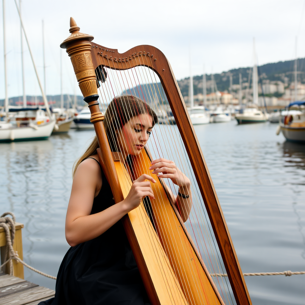 A female harp player playing a harbor as if it was a harp.