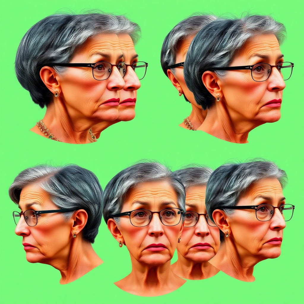 Photorealistic image of six headshots of a 55 Years old, European, Latina, sharp aquiline nose, wrinkles, high cheekbones, Middle Eastern, Skinny, Tanned skin, Dark light skin, full Makeup, jewelry, Sharp nose, frowning, astonished, shocked, dark grey Ash hair, short bowl haircut, Brown eye color, Glasses, with detailed features. Each photo displays the same face in profile and front view, cut out and isolated on a green background. All six heads are visible side by side, empty space around each view, no overlapping.