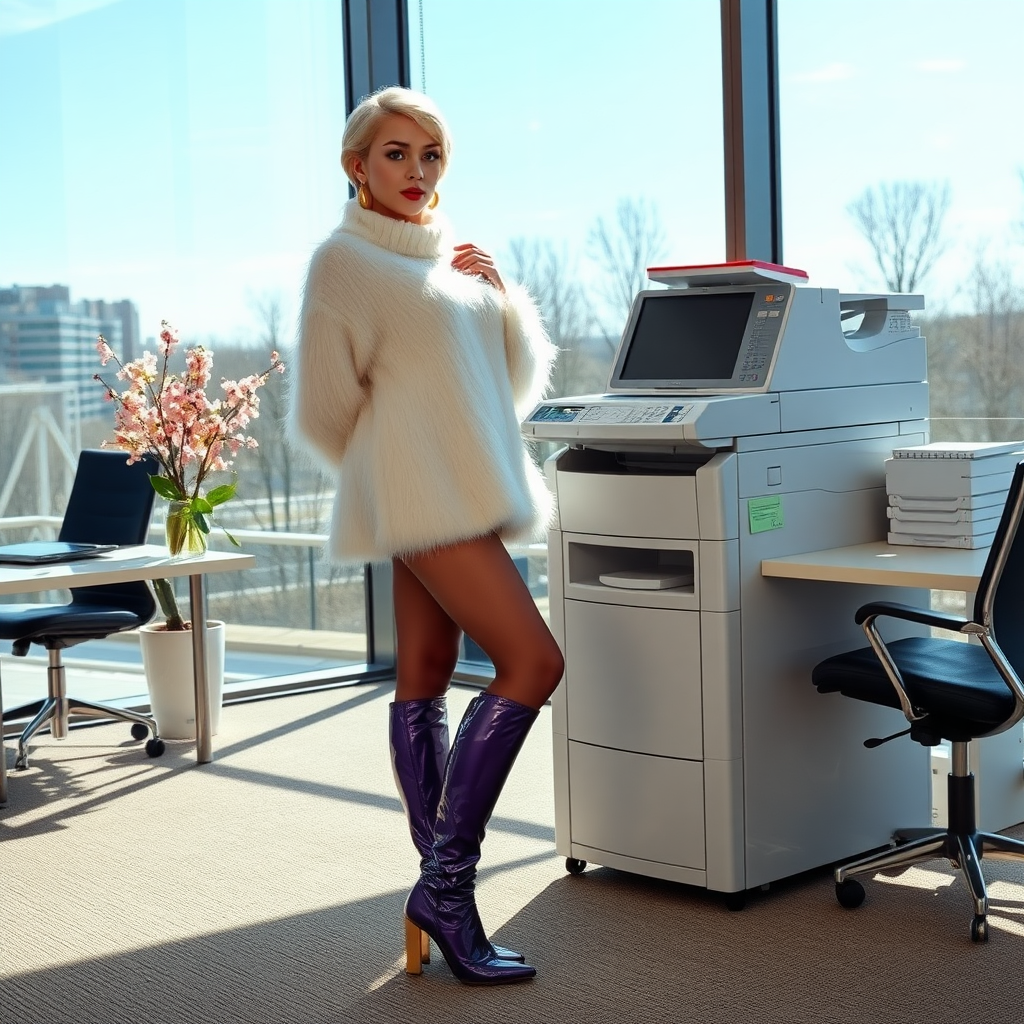 Sunny spring morning, modern glass-steel-concrete office, standing gracefully at Xerox: Nina, 17 years old very convincing trainee-femboy, tamed servile docile, very beautiful feminine flawless face, rather short, by hormones very curvaceous womanly figured, platinum blond short tight curls, French nails, bold red lips, heavily made-up face, wearing Supertanya-style fluffy very fuzzy bright white angora thigh-length figure-hugging turtleneck-poncho very tight thick hemline, opaque pantyhose, purple shiny vinyl boots with golden high heels, gold earrings, hands tied behind back, seductively looking at camera. Full view.