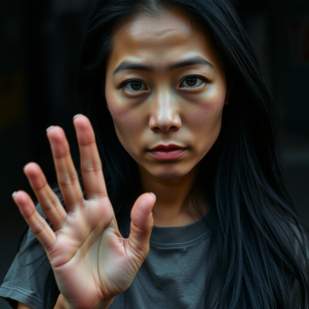 A very mysterious and very pretty, sad and homeless, about 30 years old, healthy, young-at-heart Asian woman with a very dark skin color and with a T-shirt and long, deep black hair and very typical and black Asian eyes, is very ashamed to look me in the eye and waves to me very embarrassed.