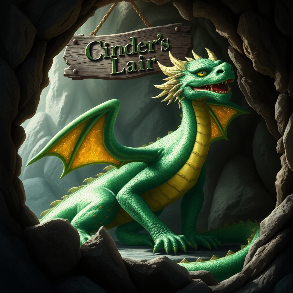 A photo realistic green dragon with golden sparkly spots in a dragon cave with a sign above it that says "Cinder's Lair"