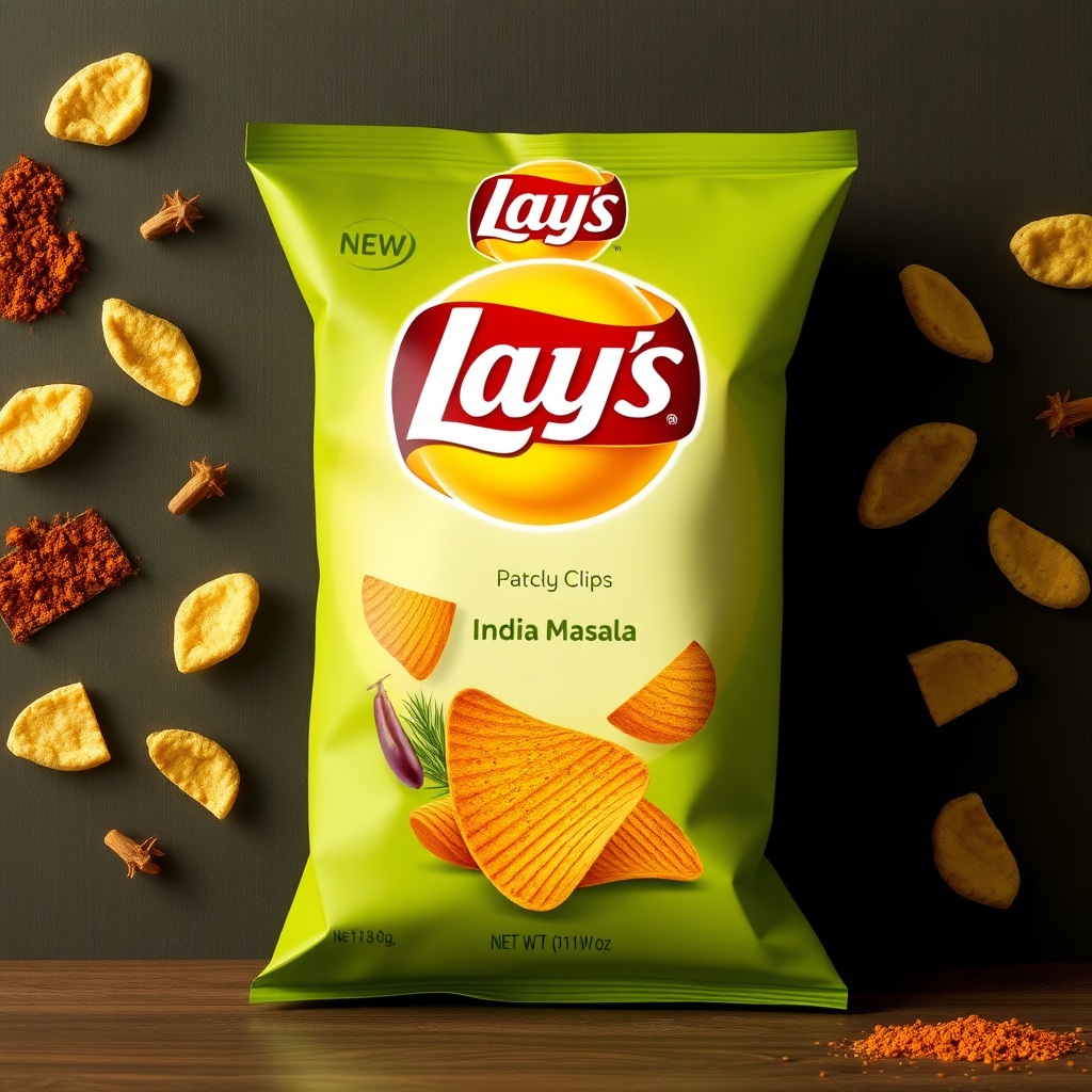 redesign lays chips India's magic masala packaging where Indian spices with lays logo simple design