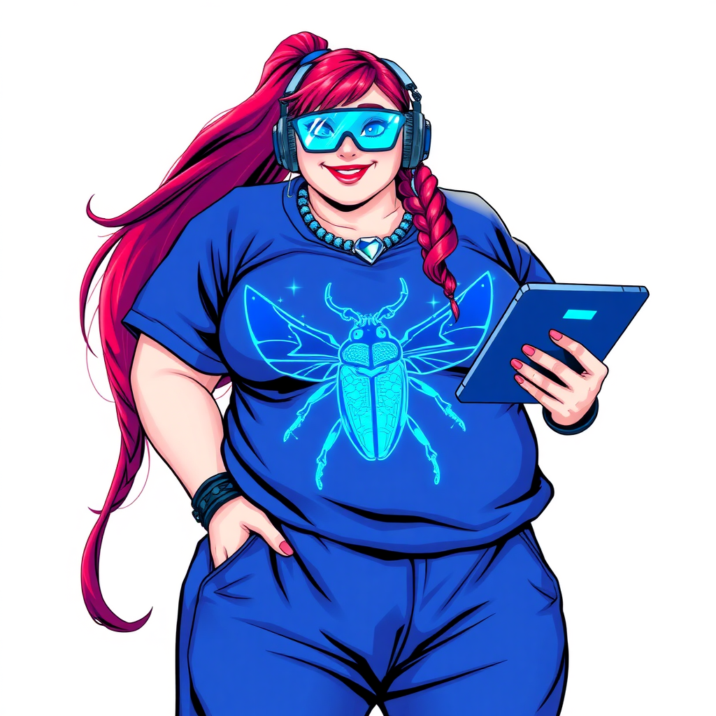 A cyberpunk vigilante’s full-figured intelligent and tech-savvy 29-year-old girlfriend, who is a computer hacker and tech genius. She has a long ruby red ponytail and bright blue eyes. She wears a sapphire beetle gemstone necklace, an oversized Maximum Blue (RGB 71, 171, 204) t-shirt featuring a giant neon blue chest icon of a winged beetle, and matching Maximum Blue sweatpants. She has a full-figured physique with a gargantuan, well-rounded midsection, reflecting her well-cared-for lifestyle. She sports a sapphire headset with a hi-tech Maximum Blue (RGB 71, 171, 204) lensed HUD visor, Maximum Blue (RGB 71, 171, 204) lipstick, black eyeglasses, and a beaming smile with a passionate bright red blush. Despite her figure and a lack of self-esteem, she radiates an air of beauty. She has an angular face which contributes to her radiant beauty. She serves as his tech expert from his hideout, holding a holographic tablet and a hi-tech tool wrench. The background is solid white. She is drawn as if she was in a retro 2D cyberpunk fighting game. Make sure her outfit covers her midsection.