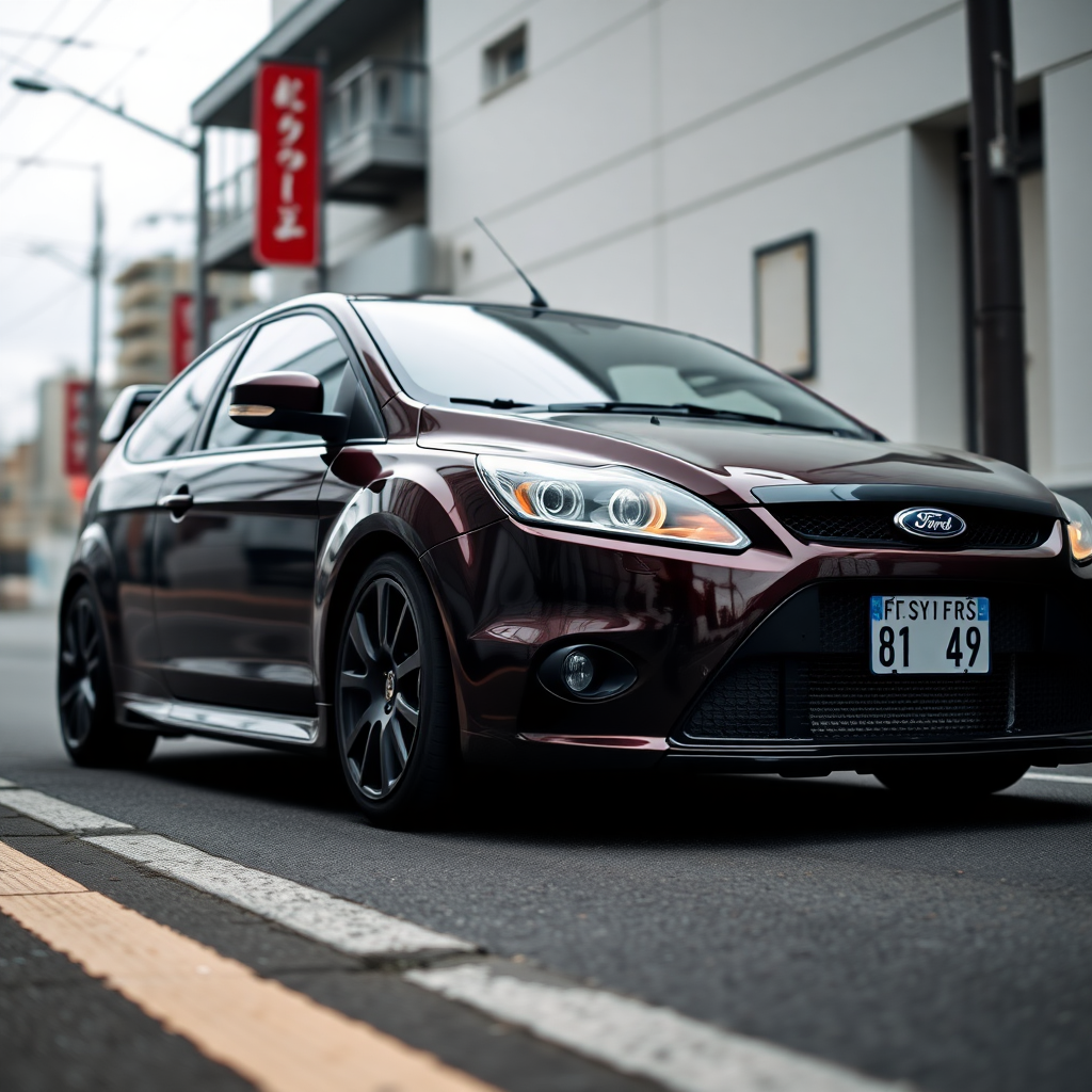 Ford Focus RS 2009 car is parked on the side of the road, inspired by Taiyō Matsumoto, tumblr, restomod, nd4, c4.