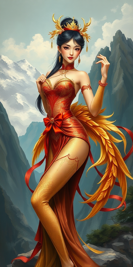 a semi anime chinese female, with gold Phoenix themed outfit, in sexy pose, hand pose, legs pose, in simi realism painting art style, Dynamic semi impasto painting background, backgroung in mountain,