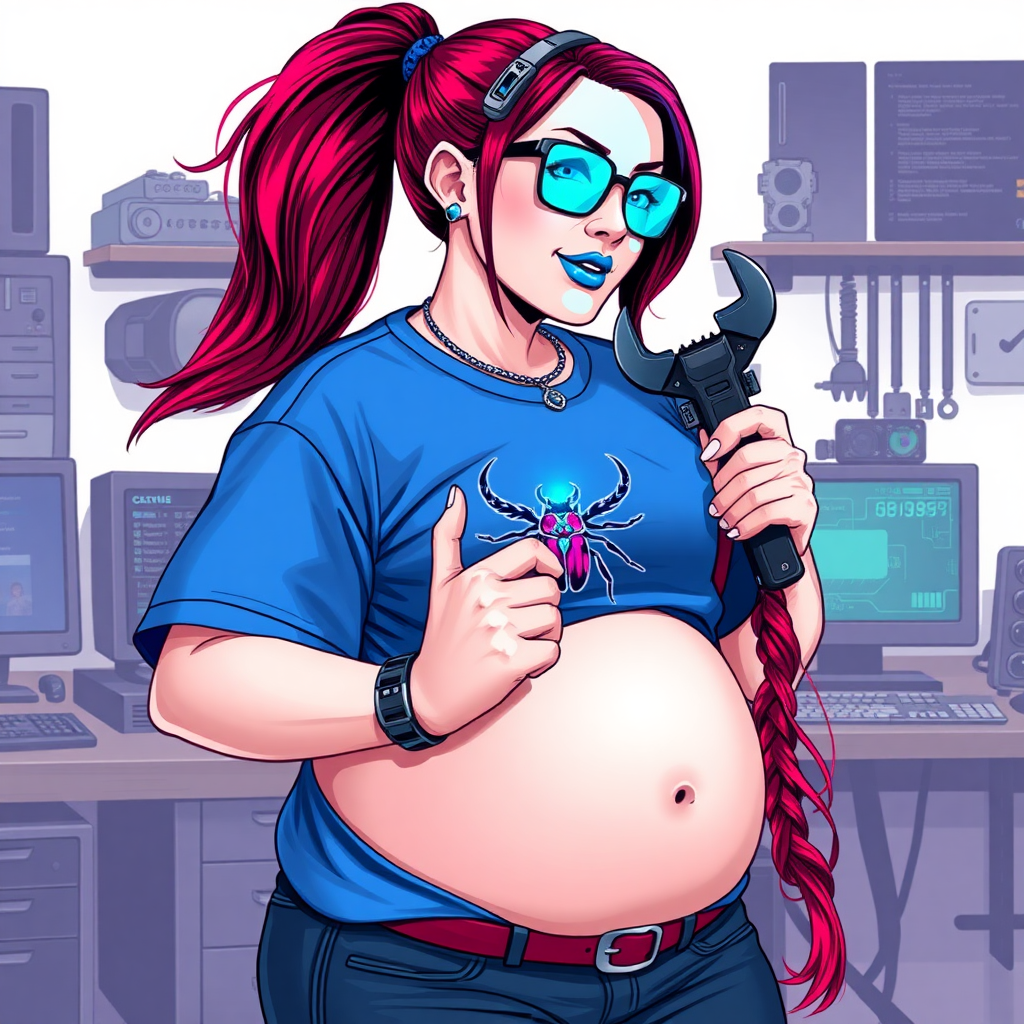 A cyberpunk vigilante’s full-figured intelligent and tech-savvy 29-year-old girlfriend, who is a computer hacker and tech genius. She has a long ruby red ponytail streaked with sky blue. She wears maximum blue lipstick, blue eyes, a sapphire beetle gemstone necklace, sapphire earrings, black eyeglasses, a futuristic holographic wristwatch computer, and an oversized maximum blue t-shirt featuring a neon blue beetle chest emblem. She has a full-figured, well-rounded physique with a prominent, round midsection, reflecting her well-cared-for lifestyle. Her round midsection is broadened and bloated to emphasize her figure. She sports a sapphire headset with a high-tech maximum turquoise lensed HUD, and a shy smile with a neon red blush. She is holding a futuristic hi-tech wrench while standing in her workshop in front of her computer desk and work bench. The background is solid white. She is drawn as if she was in a retro 2D cyberpunk fighting game.