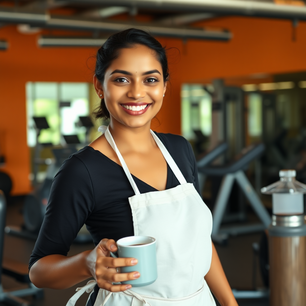 South Indian maid, serving coffee in gym