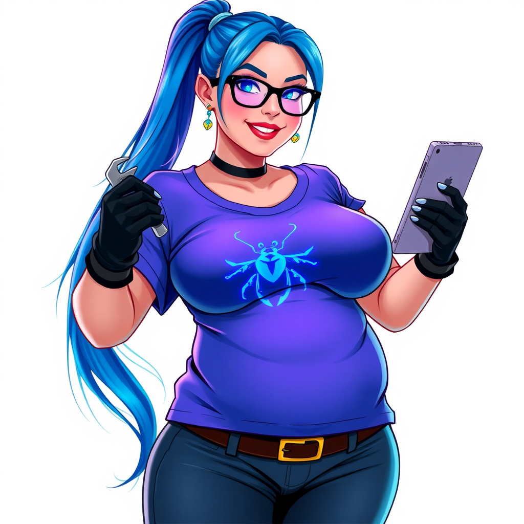 A 28-year-old, full-figured tech genius, she is the devoted girlfriend and sidekick of a cyberpunk vigilante. Her long, maximum blue ponytail and glowing sapphire eyes are striking features. Her prominent, round midsection, gigantic limbs, and broad shoulders define her full figure. As the loyal and supportive sidekick, she plays a crucial role in their missions, using her digital and technological prowess to assist and protect.

She wears an oversized maximum blue t-shirt with a glowing neon blue beetle chest icon, maximum blue lipstick, and black high-tech gloves. Her neon red blush and lovestruck smile are ever-present as she holds a futuristic wrench and a digital holographic tablet. Her full figure (especially her round midsection) shows how pampered she is by her doting boyfriend. Her nerdiness is unmistakable, accentuated by her black oversized eyeglasses. She is on a solid white background. Her tummy is visibly rumbling making obvious it's time to be pampered. She serves as her boyfriend’s indispensable tech expert. She is drawn as if she was in a retro 2D cyberpunk fighting game.