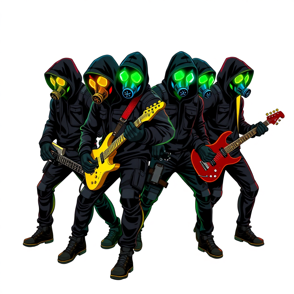 a rock band-themed group of anarchist vigilantes. They wear black tactical hoodies and color-coded gas masks that glow neon in their respective Munsell colors. Each member’s gas mask matches their designated Munsell color. There are only four members:

Maximum Yellow: Hypnotic Keyboardist with a neon yellow glowing gas mask (Munsell Yellow)  
Maximum Green: Seismic Drummist with a neon green glowing gas mask (Munsell Green)  
Maximum Blue: Electrokinetic Guitarist with a neon blue glowing gas mask (Munsell Blue)  
Maximum Red: Sonic Lead Vocalist with a neon red glowing gas mask (Munsell Red)  

The scene should capture their rebellious and intense energy, with each member in a dynamic pose, ready to unleash their musical and anarchistic powers. They are on a solid white background. They are drawn as if they are in a retro 2D cyberpunk fighting game.