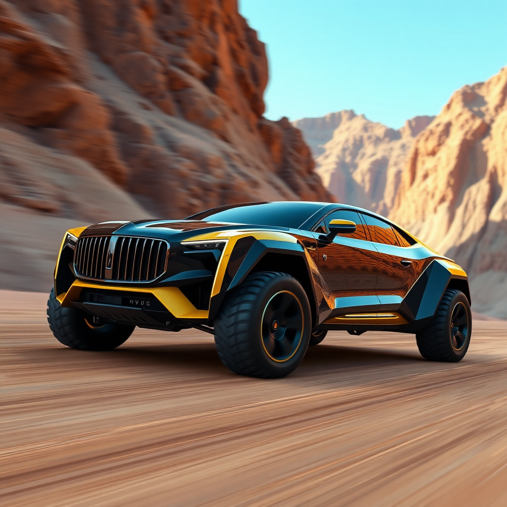 A 3D render of a futuristic Maybach supercar with off-road tires. The car is inspired by the and has a black and yellow color scheme. The car is driving through a canyon with steep cliffs. The background is clear blue sky.