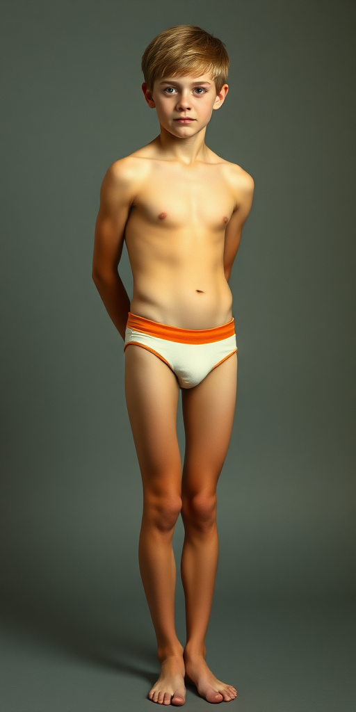 photorealistic, ultra high resolution, 16K. A skinny 14yo teen boy wearing tight narrow speedo. Long legs, bare thighs, narrow hips. Vintage photograph, 1980s.