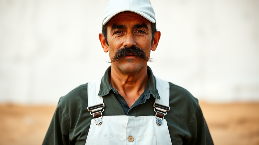 Thin Italian man with large mustache. He wears a white cap and white overalls over a long sleeve dark green shirt.