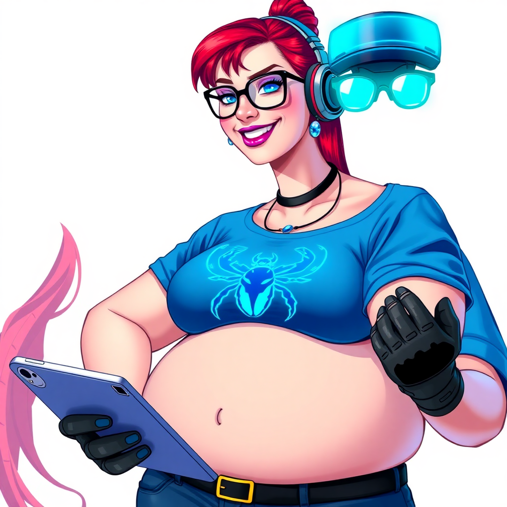 A full-sized, intelligent and tech-savvy 28-year-old computer hacker and tech genius. She has a long ruby red ponytail. She wears maximum blue lipstick, blue eyes, a sapphire beetle gemstone necklace, sapphire earrings, black eyeglasses, hi-tech power gloves, and an oversized maximum blue t-shirt featuring a neon blue glowing beetle chest icon. She has a full-figured physique with a prominent, gargantuan, round midsection, reflecting her well-cared-for lifestyle. She sports a sapphire headset with a hi-tech maximum turquoise lensed HUD, and a beaming smile accentuated by a passionate neon red blush. She serves as his tech expert from his hideout, holding a futuristic tool wrench and a futuristic digital tablet. The background is solid white. She is drawn as if she was in a retro 2D cyberpunk fighting game.