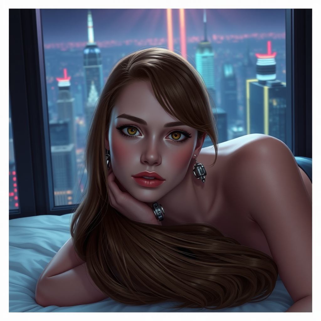 20 year old woman, pale skin, big brown eyes, brown hair blond highlights underneath, cybernetic implants, laying on a bed, window view of a futuristic high rise cityscape, dim neon lighting, 2.5D artwork