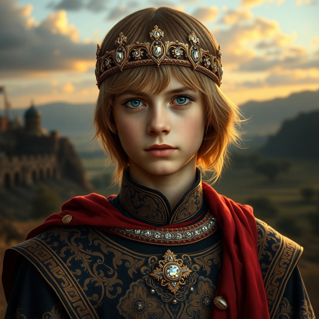 16yo teen boy prince, long bob cut, embroidered with gold and diamonds medieval cloths, diamond diadem, and Beautiful War. Free style by FLUX photorealistic. The background is in the style of landscape style by Antonio del Polaiolo, ultra high resolution, 16K,