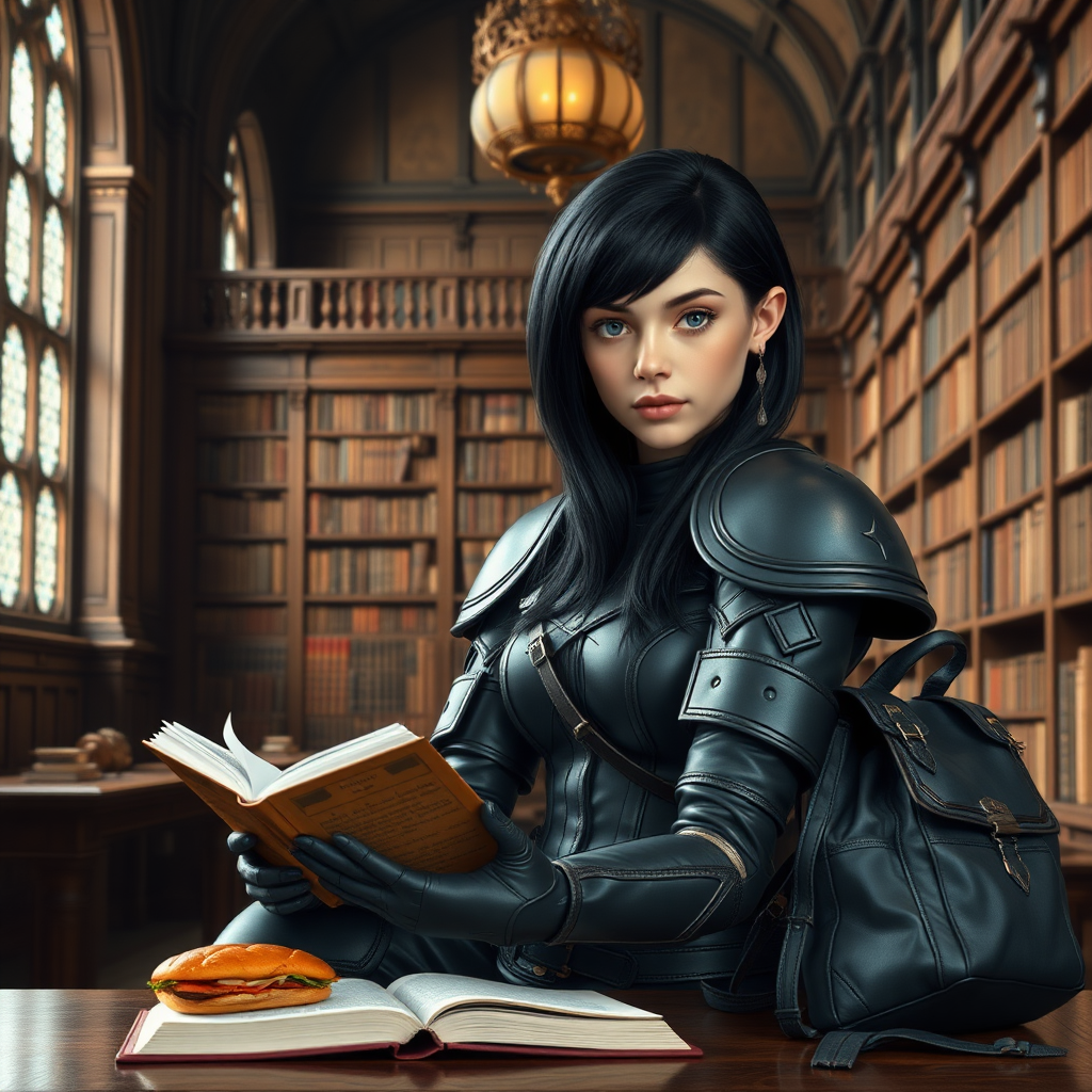 beautiful young woman, dark hair past her shoulders, blue eyes, small, slim figure, wearing full leather armor suit, sitting, reading book, on the table, a sandwich and backpack, in a grand old library.