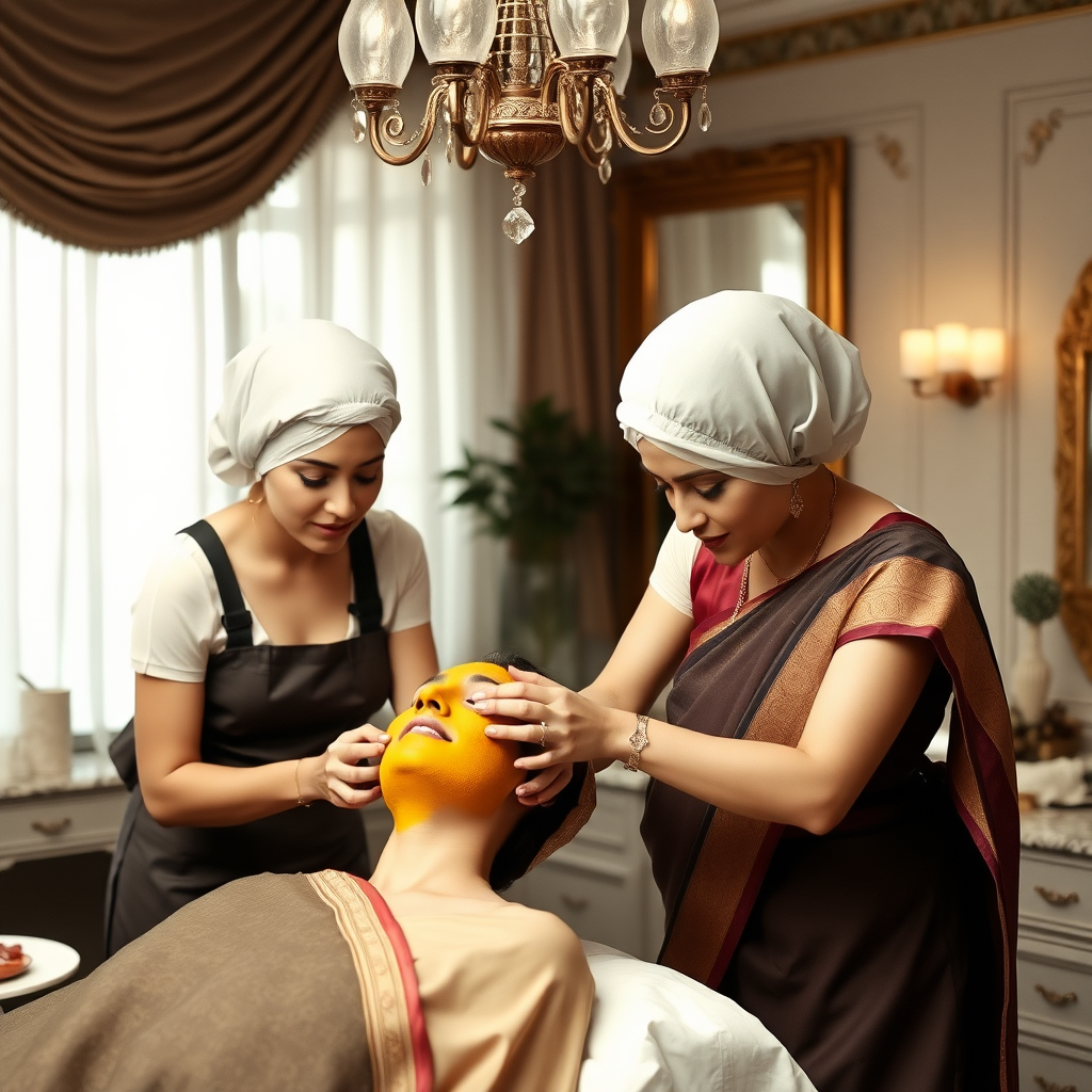 2 slim French maids, wearing hair nets, working in a beauty parlour, giving a turmeric facial to a rich, traditional Indian wife.