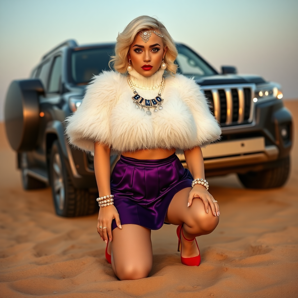 Kuwait desert dunes misty dawn, full size luxury SUV: Melissa, European 17 years old very convincing femboy “trophy-bimbo”, tamed servile docile, very beautiful feminine flawless face, rather short, by hormones very curvaceous womanly figured, platinum blond short tight curls, bold red lips, long white French nails, heavily made-up face, wearing Supertanya-style fluffy very fuzzy bright white angora turtleneck-poncho cropped ending under bust decorated with pearls and glass stones, very tight purple vinyl mini pleated skirt, bright red pumps with golden very high heels, white pearl belly piercing, full Oriental bridal jewelry including headpiece, nose-ring, coin wristlets, coin anklets, striking diamond “Bimbo” letter brooch on left chest, thick heavy pearl wristlets, pearl anklets, pout frustrated, kneeling in sand in front of SUV, looking at camera. Focus on face and turtleneck-poncho.