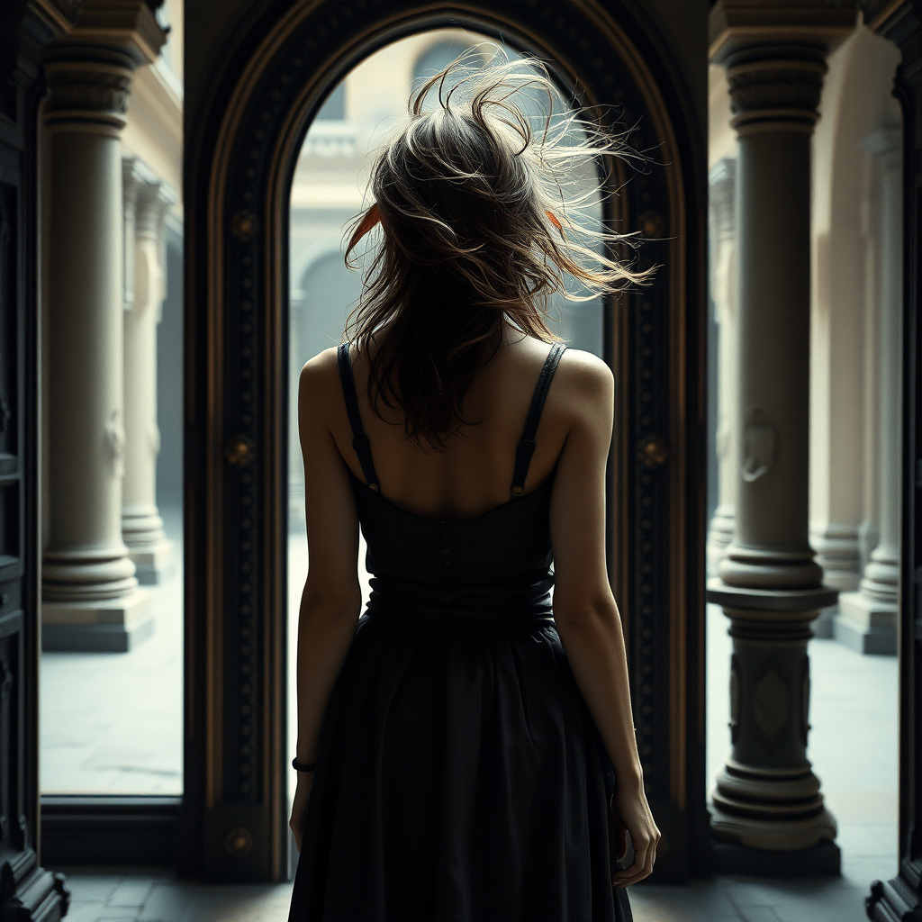 A full body shot from behind of a pretty twenty-something female orc wizard with a face resembling (Ana de Armas), looking at herself in a full-length mirror in an elaborate study. Messy shoulder-length hair tussled by wind. Inside a courtyard. Hyper-realistic, photorealistic digital matte painting, soft focus, film grain, lens flare. Gritty, dirty, scuffed.