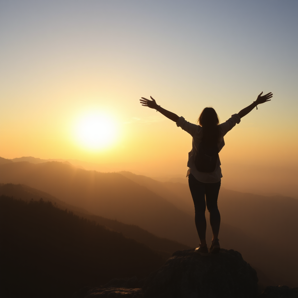 freedom. a woman standing on a mountain. rising sun in the background