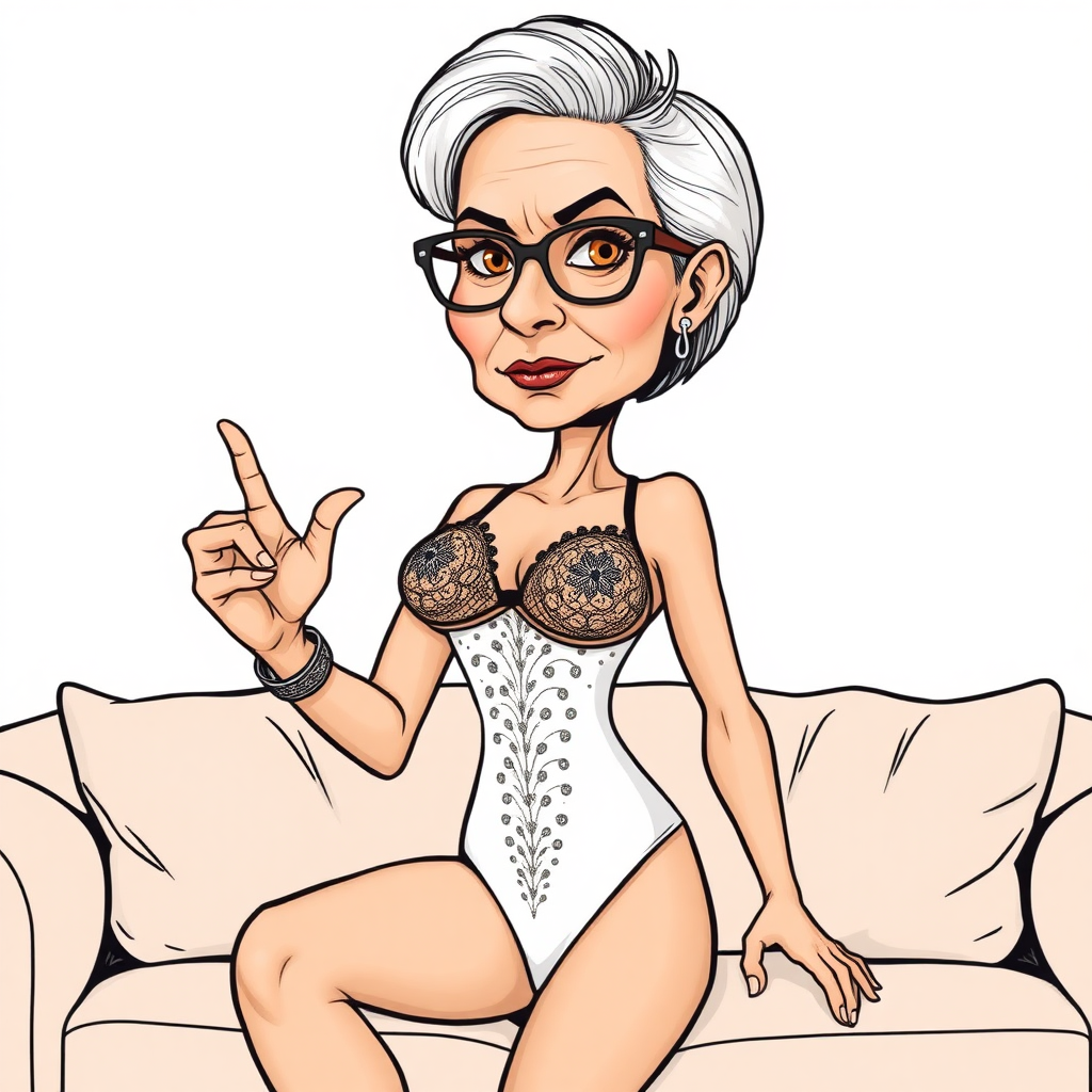 a towering 55 Years old, fit, slim, European, Latina, sharp aquiline nose, wrinkles, high cheekbones, Middle Eastern, Skinny, Tanned skin, Dark light skin, Rounded Medium breasts, Skinny thighs, full Makeup, jewelry, Serious face, Sharp nose, Ash hair, short bowl haircut, Brown eye color, Glasses, with detailed features. she is wearing embroidered black mesh balconette bras and a tight white high cut 1980s mesh cut out swimsuit, detailed fabric.  full body, high heels sandals, she is hand gesturing at the viewer to join her on a couch, sweating, 
long establishing shot, 2D, caricature, cartoon, Sketch lines, coloring book, coloring book style on white background, well composed, clean coloring book page, No dither, no gradient, strong outline, No fill, No solids, vector illustration, realistic proportions