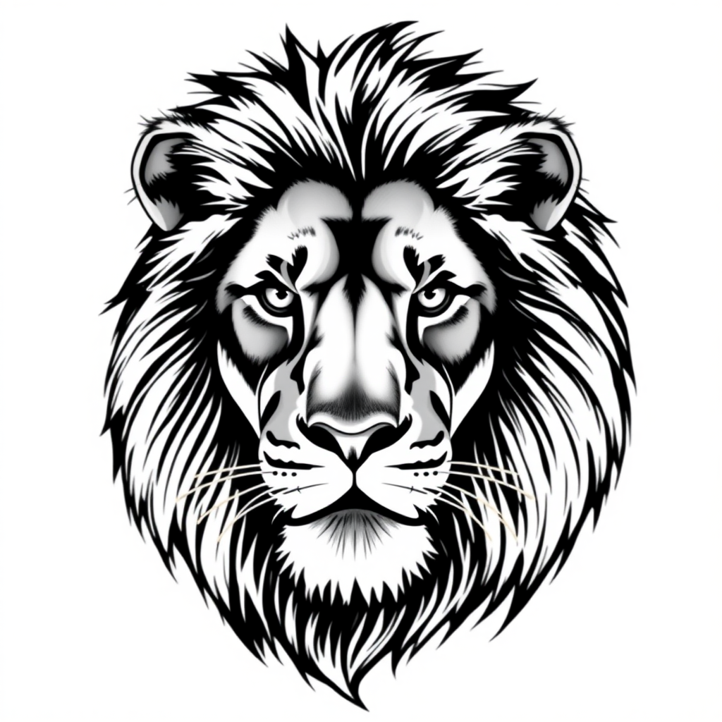 Create a realistic illustration of a lion in black and white, positioned slightly to the side so that both eyes are visible. The drawing should highlight the intricate details of the lion's mane and facial features, capturing its majestic expression. The artistic style should resemble a high-quality sketch, suitable for branding or sports uniform design.