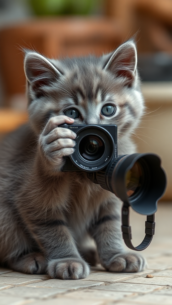 The gray kitten is taking pictures with a camera.