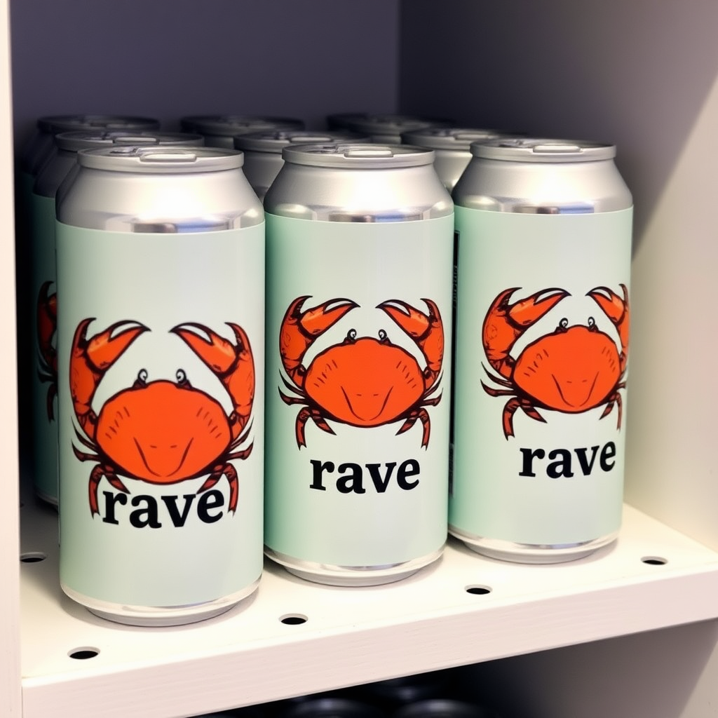 a small shelf with cans that have an image of crabs on the label and text saying "crab rave"